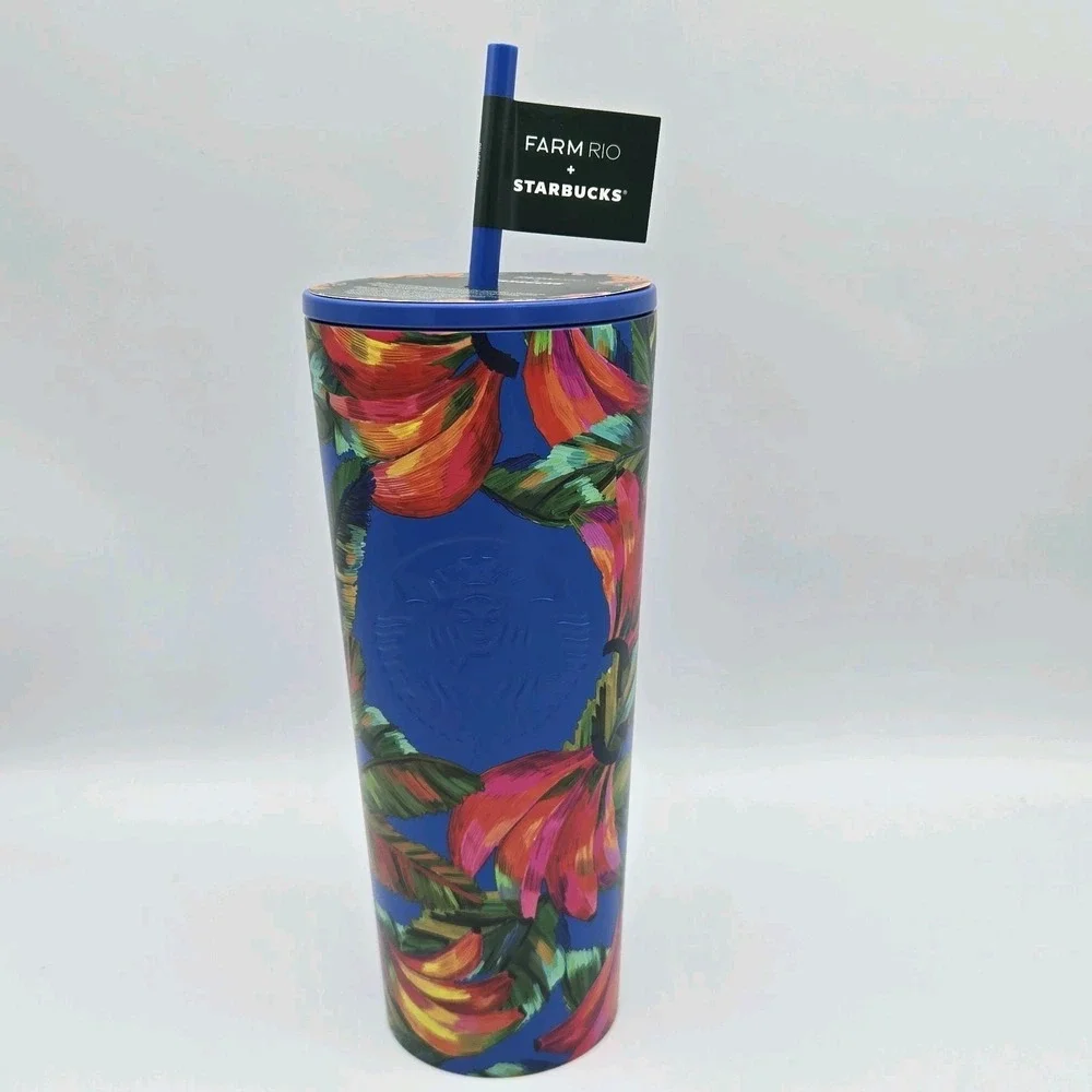 New‎ Farm Rio + Starbucks Blue Banana Vibrant Stainless Cold Cup Tumbler 24 oz